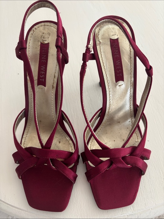 Nine West Shoes - Nine West Burgundy Satin Strappy Slingback Heels